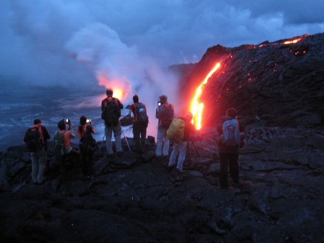A bunch of volcanologists watching Kilauea lava entering the ocean